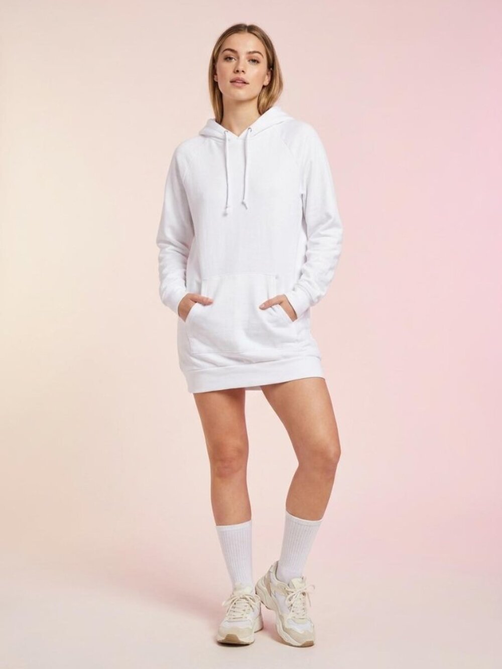 American Apparel White Longline California Fleece Pullover Hoodie